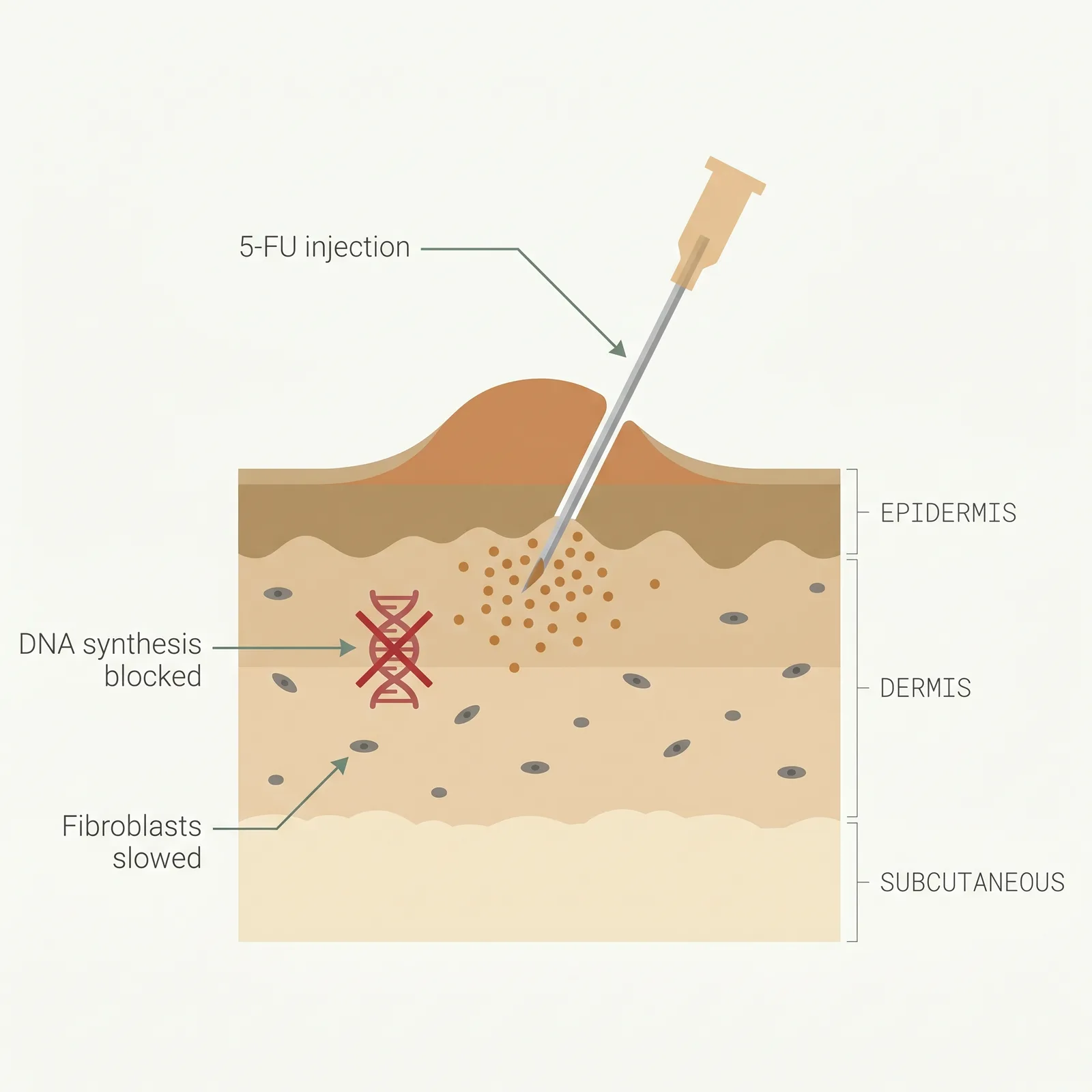 Cross-section of skin with a needle injecting 5-FU into a keloid, amber drug particles dispersing and a DNA helix crossed out in the dermis.