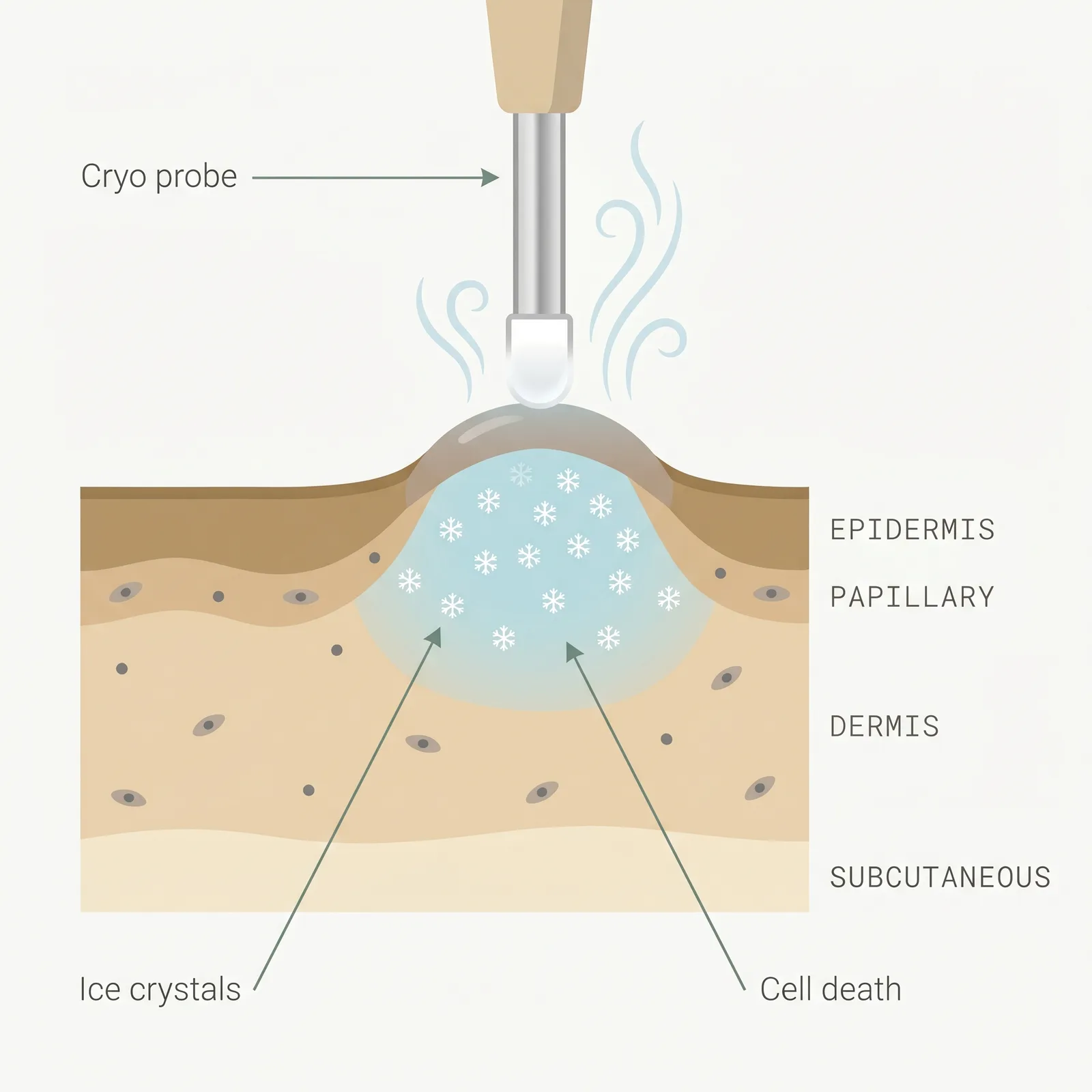 Cross-section of skin with a cryo probe touching a keloid. Ice crystals form inside the scar and cold vapor drifts upward.