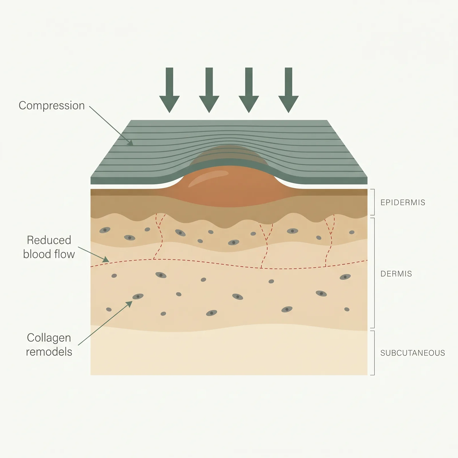 Cross-section of skin with a compression garment pressing down on a raised scar, dashed vessel lines showing reduced blood flow.